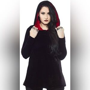 Folter Prophecy tunic dress EUC 3X black red velvet hood pockets dress